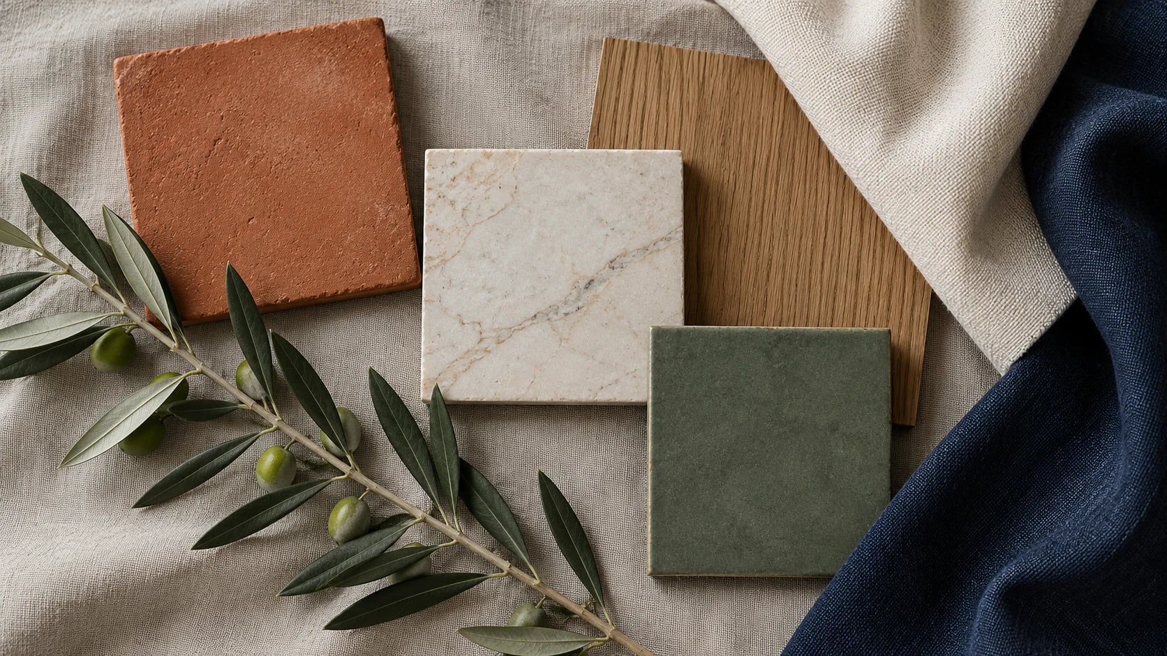 Stone, wood and fabric samples for an interior material palette.