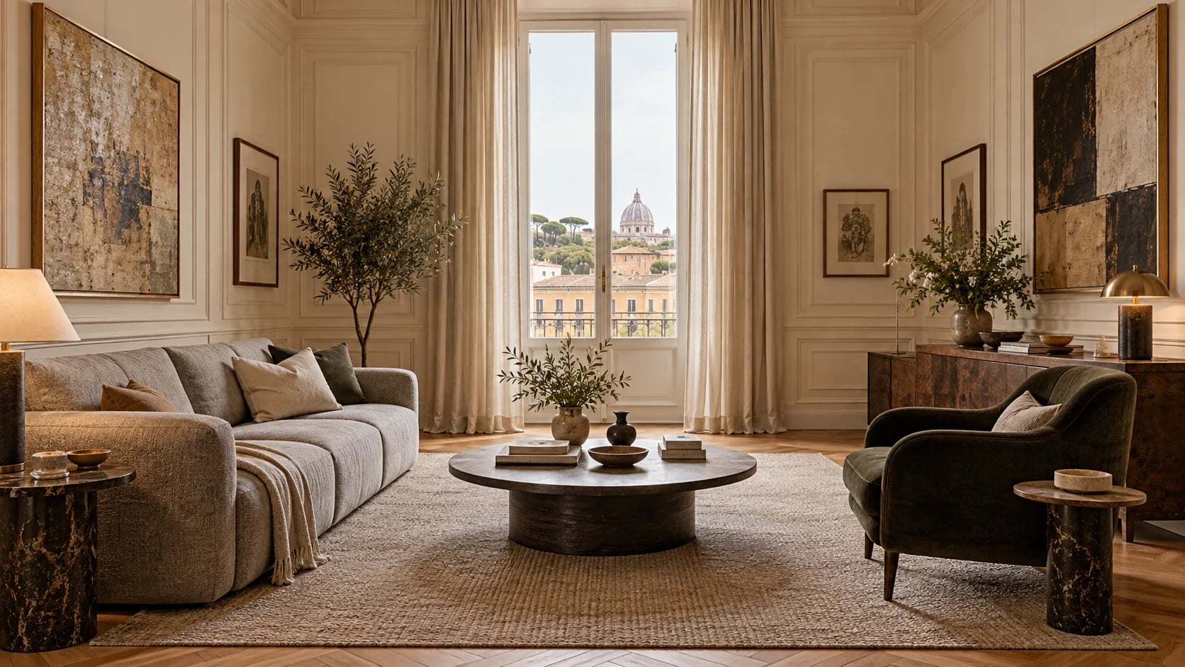 Residential interior combining furniture, natural light and materials.
