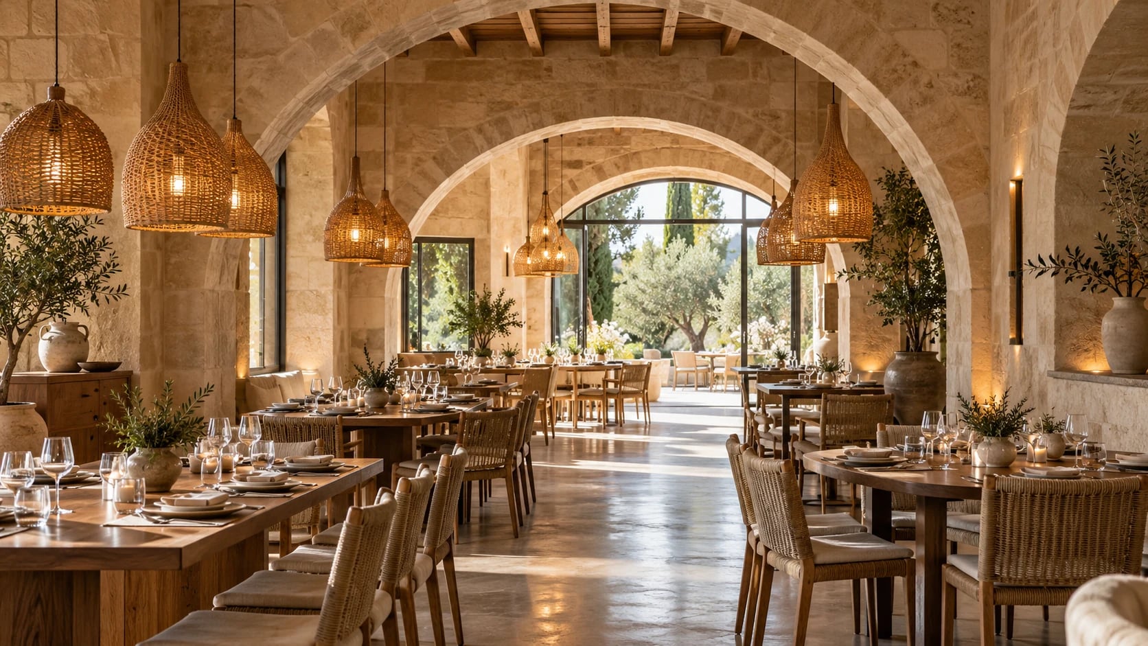 Hospitality interior with stone vaults, tables and pendant lighting.