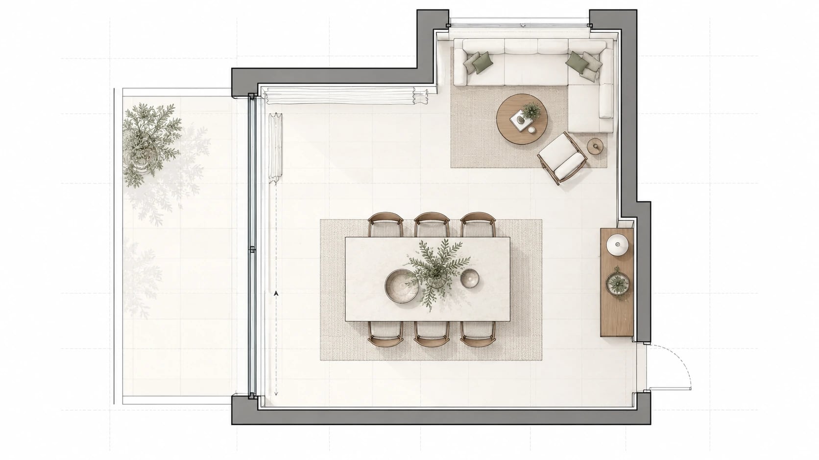 Furnished layout study of the villa living and dining spaces.