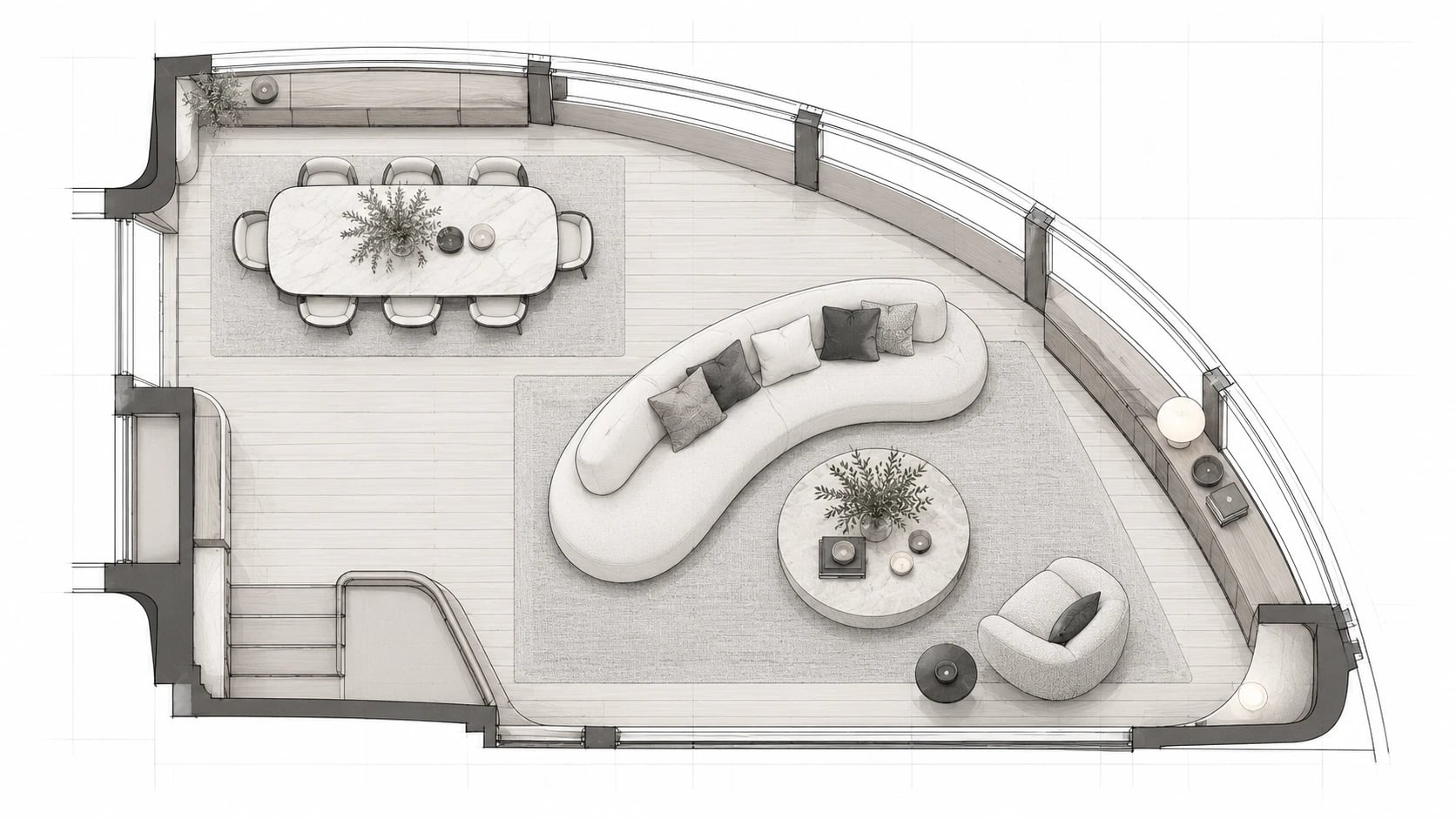Yacht saloon layout study showing seating, storage and circulation.