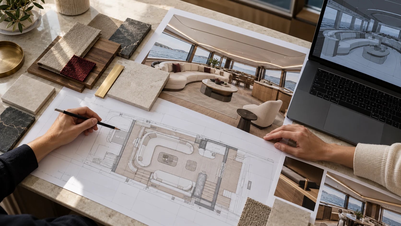 Yacht interior review with a plan, render and material samples.