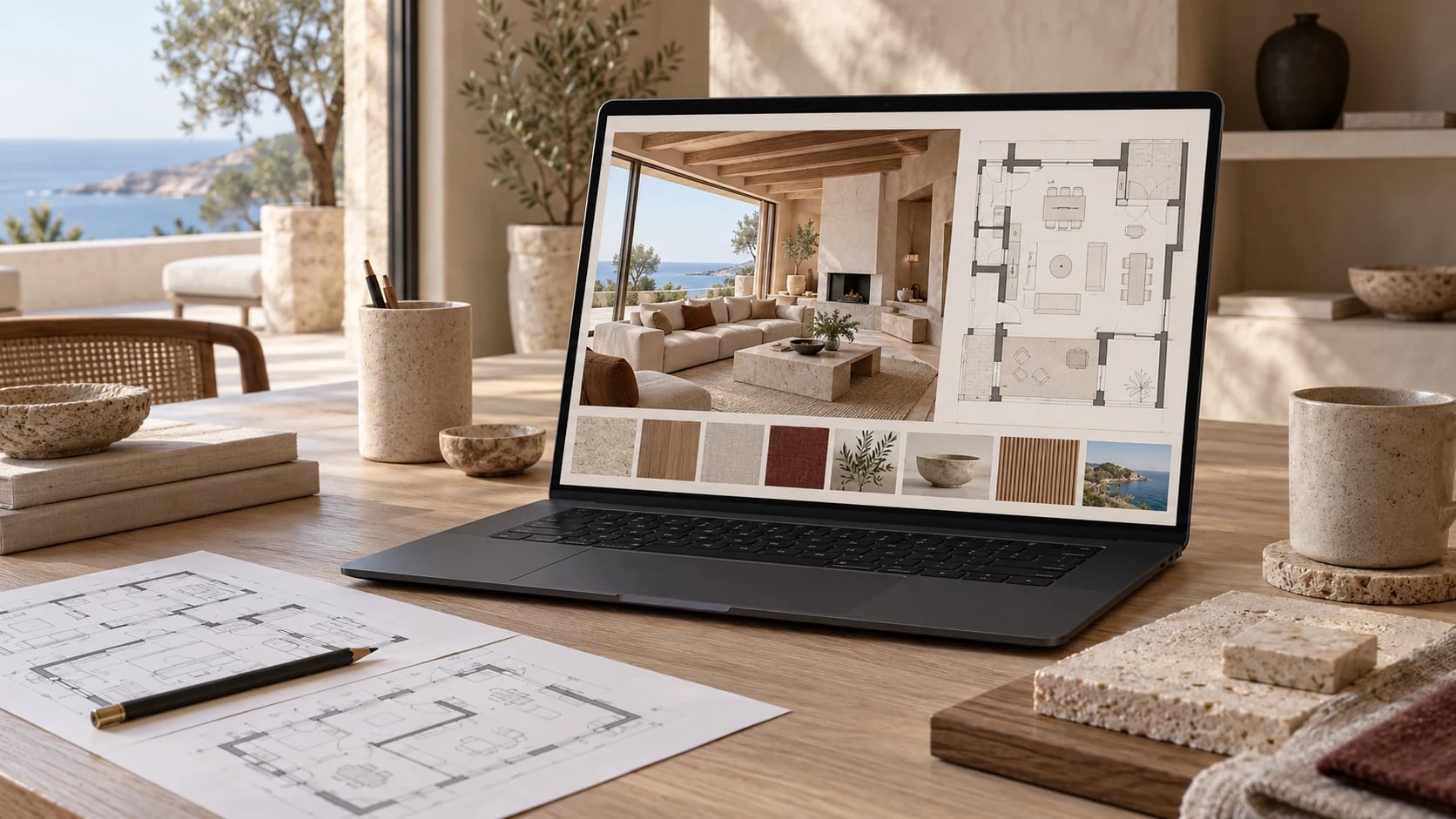 Online study workspace with an interior project, a 2D floor plan and material samples on the desk.