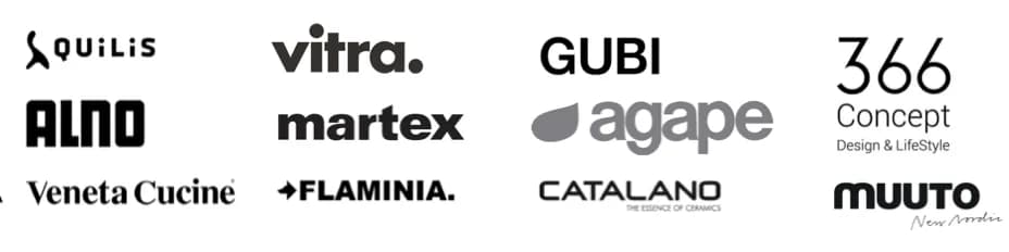 Brand partners: Quilis, Vitra, GUBI, ALNO, Martex, Agape, 366 Concept, Veneta Cucine, Flaminia, Catalano, Muuto