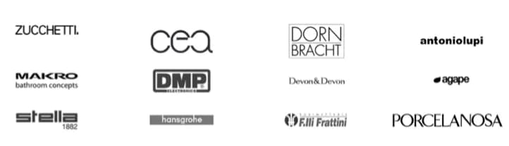 Brand partners: Zucchetti, CEA, Dorn Bracht, Antoniolupi, Makro, DMP, Devon&Devon, Agape, Stella, Hansgrohe, Flli Frattini, Porcelanosa