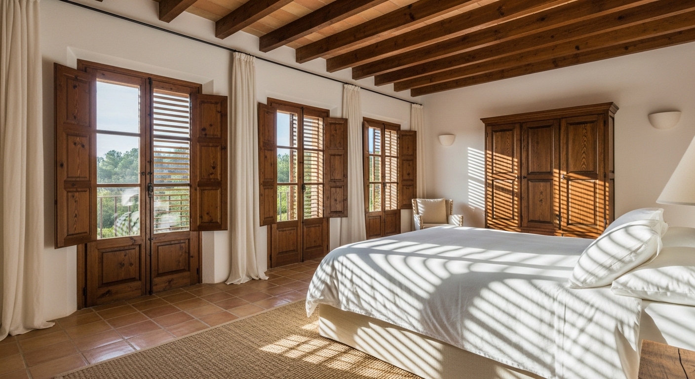 Detalle de diseño de interiores mediterráneo con materiales mallorquines como piedra marès y madera de olivo