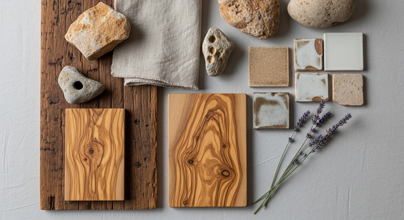 Dettaglio di design sostenibile con pietra marès locale e mobili artigianali in legno d'olivo in una casa di Mallorca