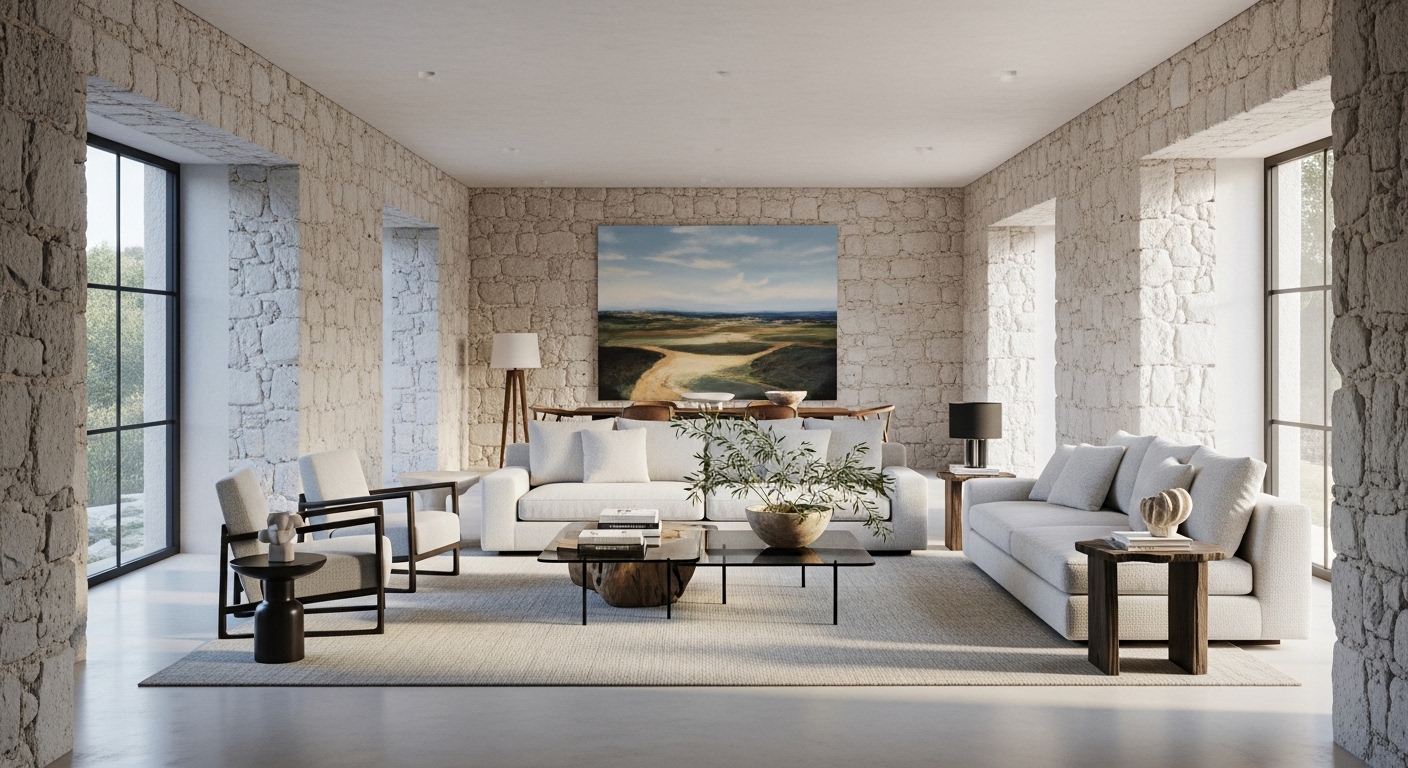 Interno di una proprietà maiorcana ristrutturata che mostra la fusione di elementi di design tradizionali e moderni