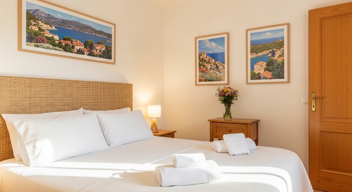 Interior bellamente decorado de un alquiler vacacional en Mallorca con elementos de diseño mediterráneo