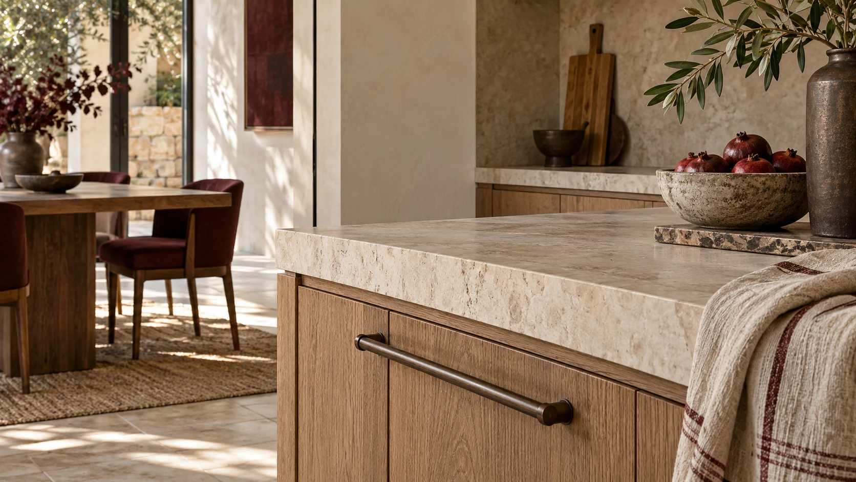 Dettaglio di pietra chiara, rovere e tessuto naturale in una cucina di villa
