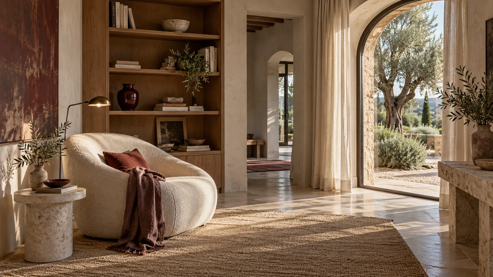 Angolo lettura di villa con seduta chiara e materiali naturali
