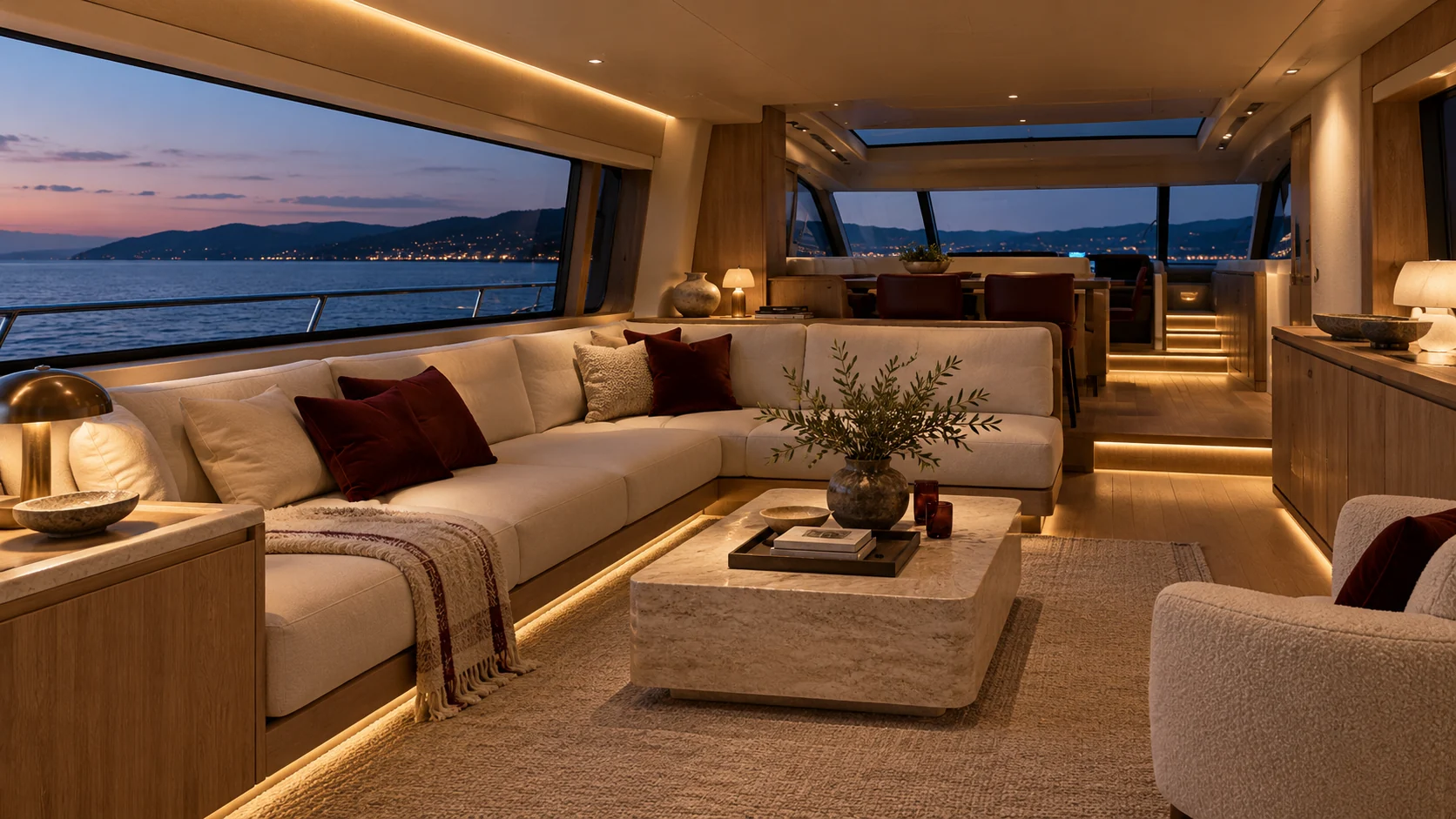 Salone di yacht con palette di legno, tessuti chiari e dettagli coordinati